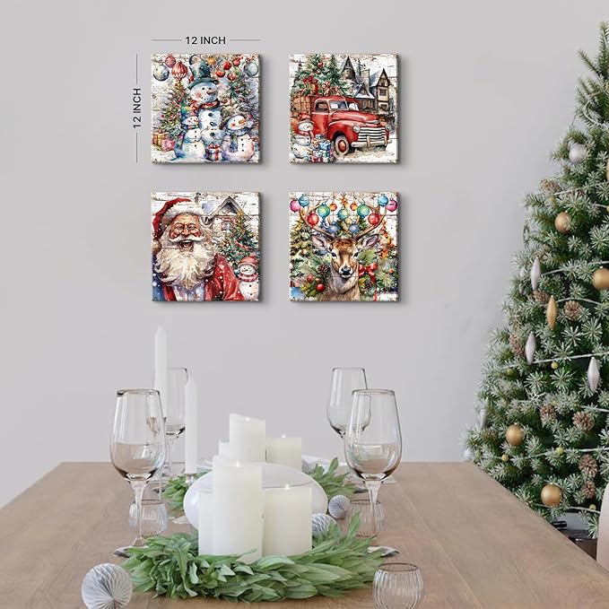 Christmas Pictures Wall Decor Santa Claus Snowman Wall Art Xmas Decorations Vintage Watercolor Deer Elk Posters Canvas Prints Colorful Winter Artwork for Living Room Bedroom Holiday Gifts 12x12" 4P