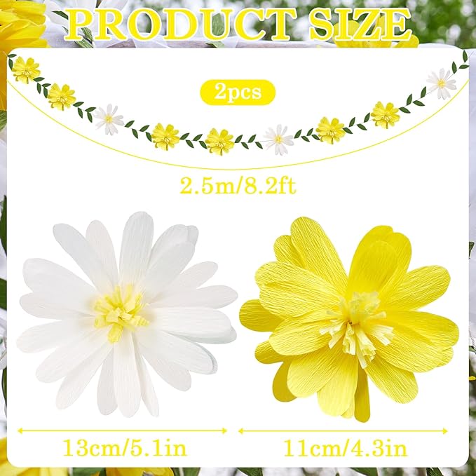 EASY JOY Crepe Paper Flowers Banners White Yellow Floral Banner Spring Hanging Paper Flower Leaves Garlands for Spring Birthday Wedding Home Decorations
