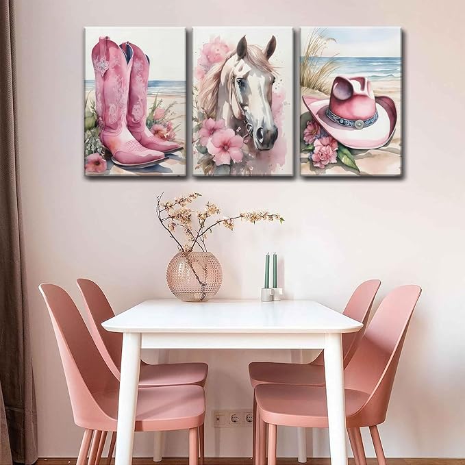 Djmwtb 3 Piece Canvas Wall Art Western Wall Decor Cowgirl Pictures Horse Prints Coastal Painting Pink Artwork for Bedroom Bathroom 12x16in Framed