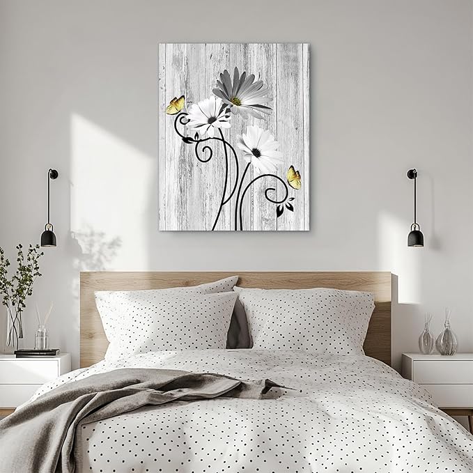 HVEST Rustic Farmhouse Floral Wall Art for Living Room Gray Floral and Yellow Butterfly on Country Wooden Bathroom Wall Decor, Gray White Framed Wall Art for Bedroom Kitchen Home, 20L x 16W Inches