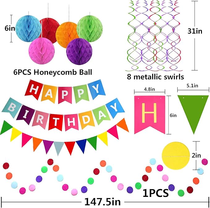 Fecedy Happy Birthday Banner With Colorful Paper Flag Bunting Paper Circle Confetti Garland Swirl Streamers Honeycomb ball for Birthday Party Decorations