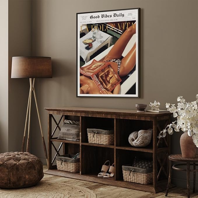 Trendy Newspaper Posters Vintage Good Vibes Daily Wall Art 60s La Dolce Vita Poster Beach Vibe Funky Aesthetic Retro Trippy Art Canvas Prints for Cool Girl Room Home Dorm Decor 16x24inch black framed