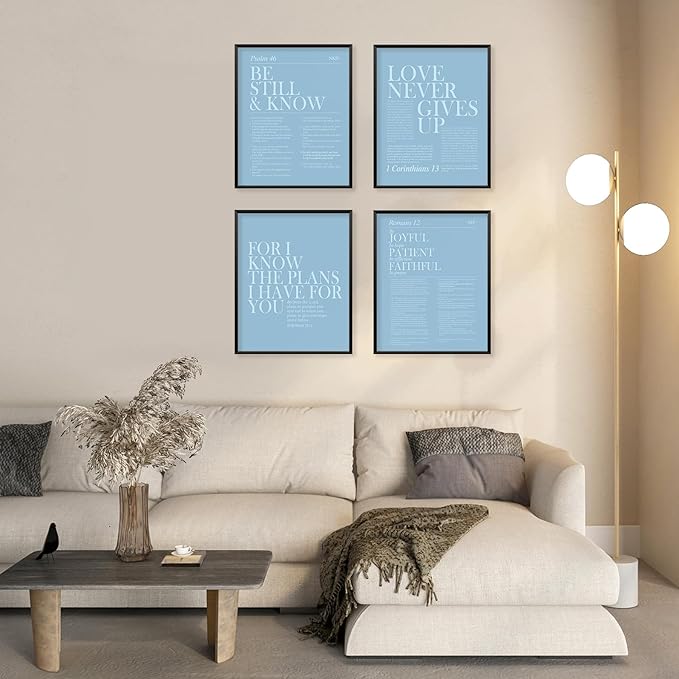 Locomiss Light Blue Christian Wall Art Decor, Modern Bible Verse Prints, Minimalist Jesus Scripture Wall Decor, Inspirational Bible Posters for Bedroom Office Living Room, Set of 4 (8x10 Unframed)