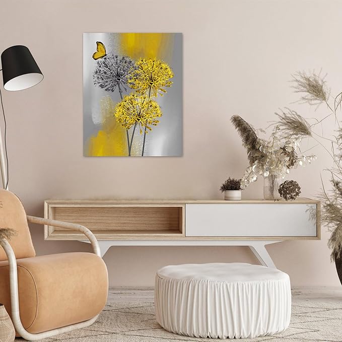 LB Yellow Dandelion Canvas Wall Art Yellow Grey Dandelion with Butterfly on Modern Abstract Wall Art Aesthetic Wall Decor for Living Room Bedroom Bathroom Office Framed Ready to Hang 16L x 12W