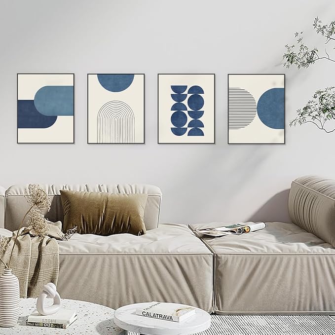 PLKMN Navy Blue Abstract Wall Art Decor Set of 4 - Bathroom Decor, Boho Minimalist Wall Art Prints for Bedroom Living Room 8x10 (Unframed)