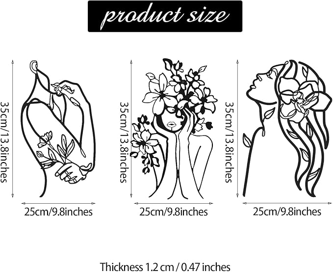 Photect 3 Pcs Metal Wall Art Decor Minimalist Abstract Woman Wall Art Metal Modern Line Drawing Decor Female Single Line Home Hanging for Bedroom Bathroom Living Room Christmas Housewarming(Stylish)