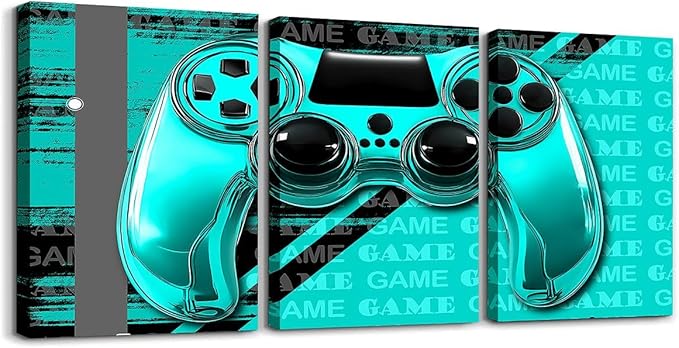 Feelyou Gamer Canvas Wall Art 12" x 16" 3 Piece Game Controller Office Wall Artwork Posters for Teens Adults Gaming Gifts Bathroom Wall Art for Home Gamepad TealBlue and Black Wall Painting