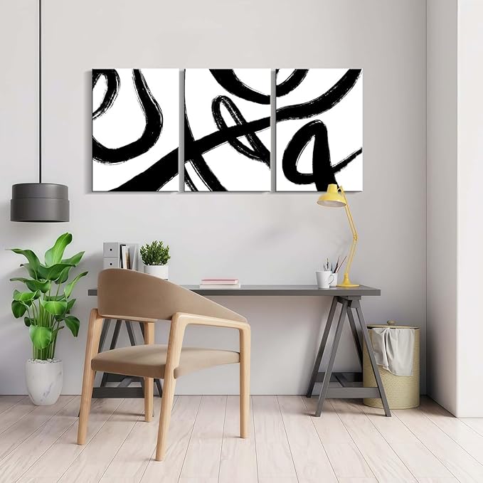 3Pcs Framed Abstract Black and White Canvas Wall Art Minimalist Brushstroke Line Prints Modern Home Gallery Style Picture Painting Posters Bedroom Living Room Office 12x16 Inch Ready to Hang