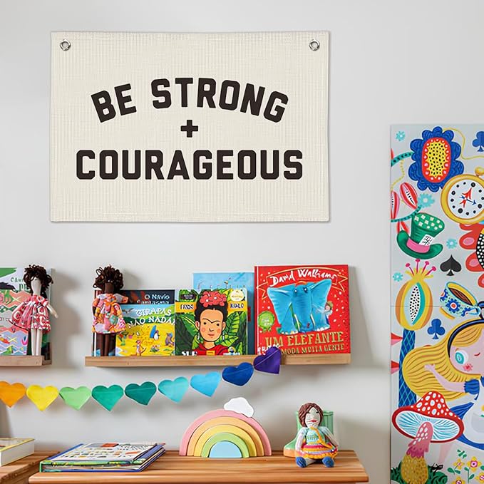 Be Strong And Courageous Banner, Christian Inspirational Wall Decor, Boys Room Bible Verse Motivational Wall Hanging Banner Flag Decor for Nursery Toddler Kids Room 20x30 Inch