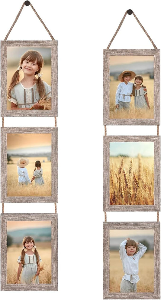 QUTREY Collage Picture Frame 5x7, 6 Openings Vertical Hanging Photo Frame Set of 2, 5 by 7 inch Multi Picture Frames for Wall, Rustic Grain