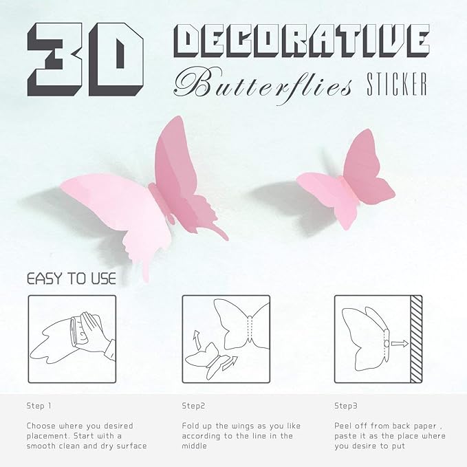24pcs Kawaii 3D Butterfly Removable Mural Stickers Wall Stickers Decal for Home and Girls Room Decoration (Pink)