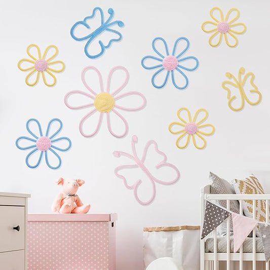 Wesiti 9 Pcs Boho Nursery Decor 3 Size Daisy Flower and Butterflies Woven Macrame Wall Hanging for Home Nursery Bedroom Dorm Wall Art(Classic Color)