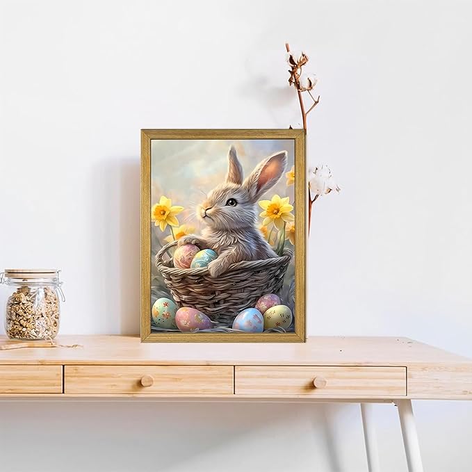 Easter Bunny Wall Art, Cute Rabbit Canvas Wall Decor Painting, Easter Eggs Poster Print Picture, Spring Farmhouse Animal Oil Painting for Living Room Bedroom Kitchen Holiday Home Decor 12x16 Inch Wood Framed