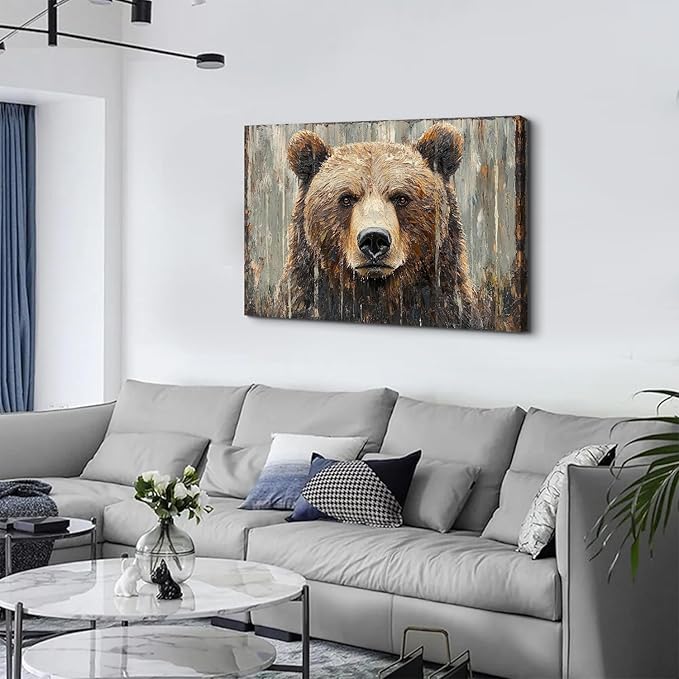 Farmhouse Wall Decor Bear Wall Art Funny Animal Painting Rustic Animal Heads Canvas Prints Nature Wildlife Portrait Pictures Modern Artwork for Kid Bedroom Living Room Home Decoration 32x48"