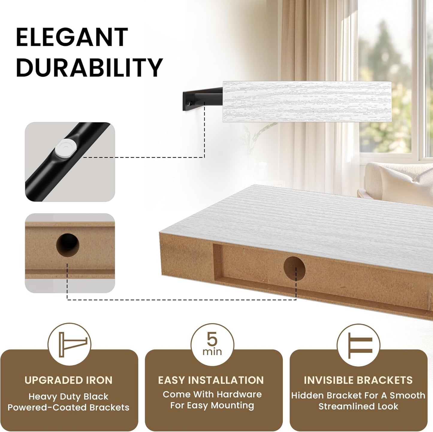 Floating Shelves for Wall, 31.5" W x 6.7" D x 1.5" H, Wooden Wall Mounted Display Shelves with Invisible Brackets for Living Room, Bedroom, Bathroom, Kitchen Decor and Storage, Set of 2, White
