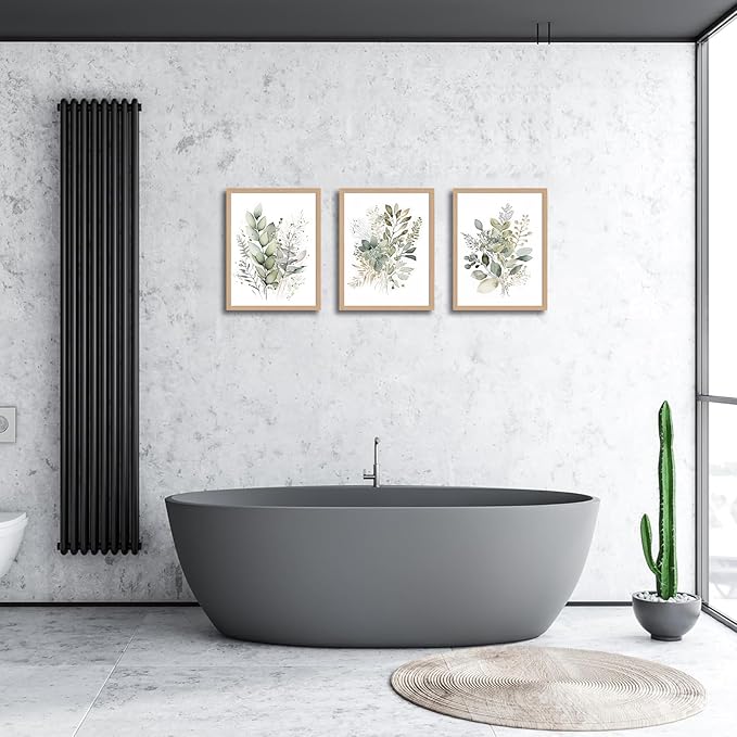 3Pcs Framed Sage Green Botanical Wall Art, Watercolor Canvas Prints Modern Green Plant White Floral Decor for Bedroom Living Room Bathroom Nursery, Ready to Hang wooden frame 16x24In