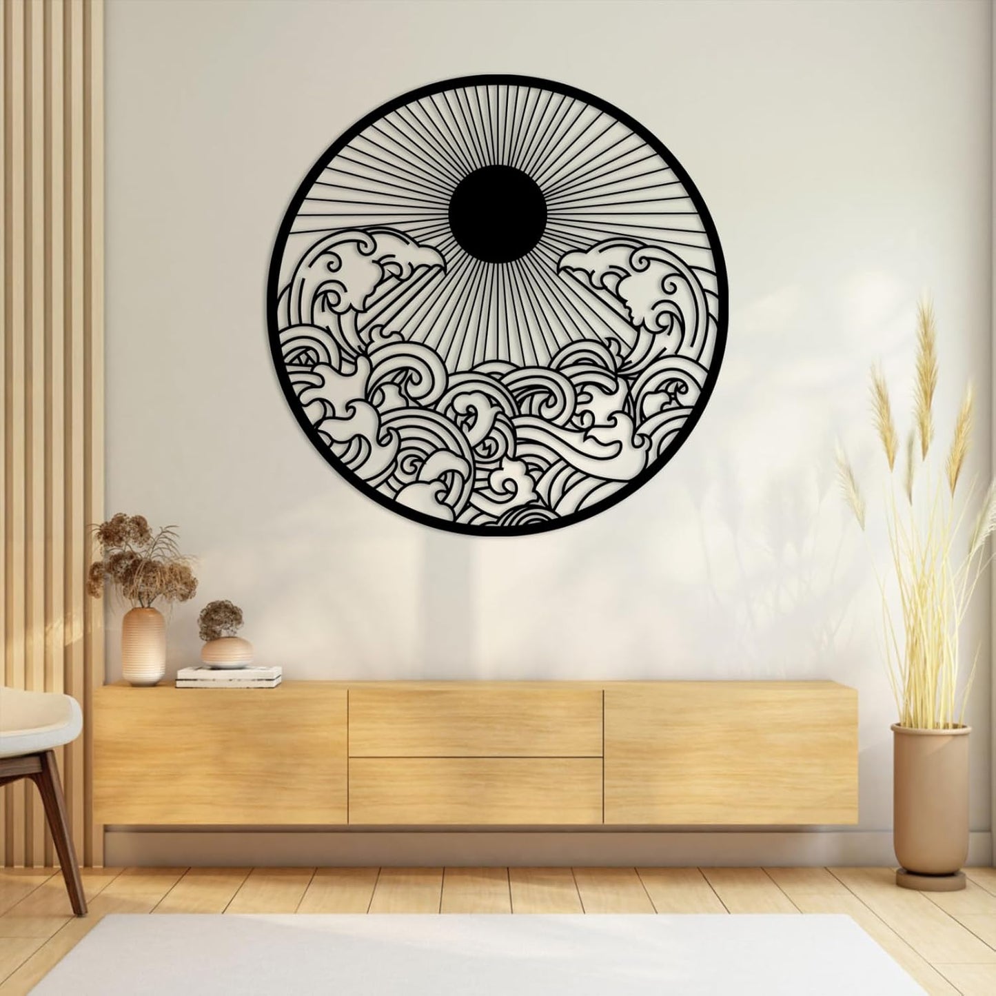 flyoak Metal Sun Wall Decor Outdoor, Sunrise Metal Wall Art, Metal Wave Wall Art, Sunrise and Wave Wall Decor, Sunburst Wall Art, Sunset Wall Art, Wall Hangings for Bedroom (Black, 35x35in|90x90cm)