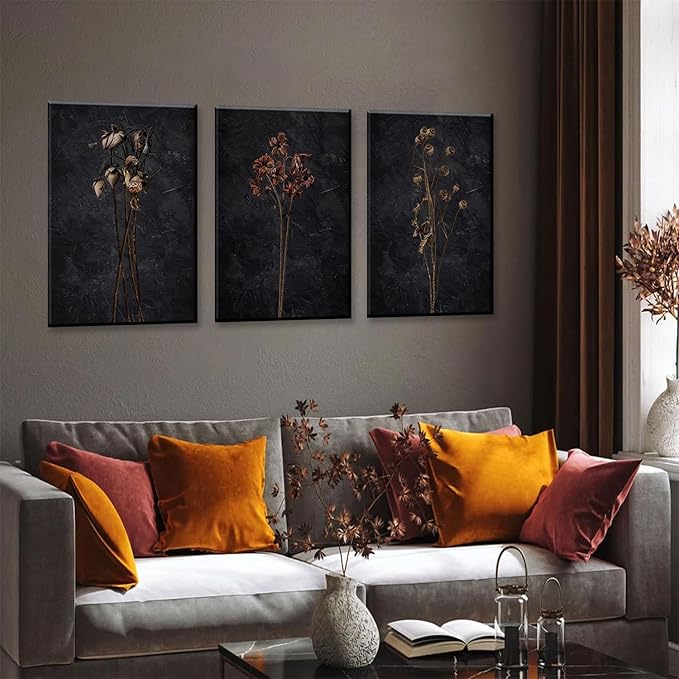 LYPHNX Framed Dark Moody Wildflowers Canvas Wall Art Black Vintage Dried Floral Wilderness Botanical Painting Poster Set of 3 Nature Prints Picture Wall decor for Living Room Bedroom Office 12"x16"