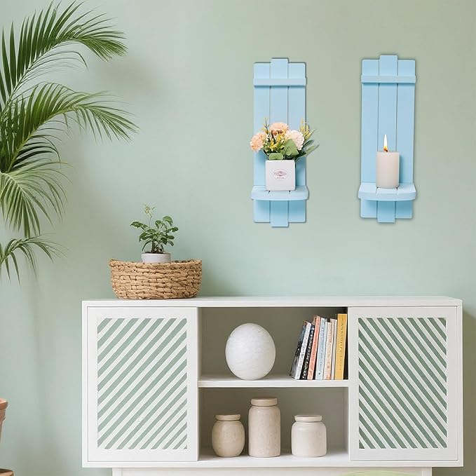 Sconces Wall Decor Set of 2, Wall Candle Holder Rustic Home Decor, Farmhouse Art Floating Candle Sconces Shelf Blue Wall Decorations for Living Room, Dining Room, Bedroom, Bathroom