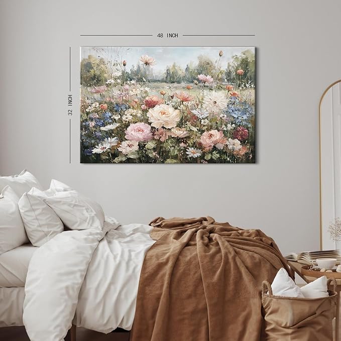 Flowers Wall Art Pink Roses Canvas Prints Painting Colorful Wildflowers Canvas Pictures Farmhouse Floral Landscape Wall Decor Botanical Artwork for Bedroom Bathroom Home Office Decorations 32x48"