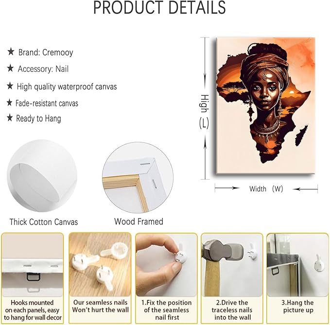Black Woman Canvas Wall Art African American Painting Decor Pictures Abstract African Girl Posters Prints for Dining Living Room Bedroom Home Decoration