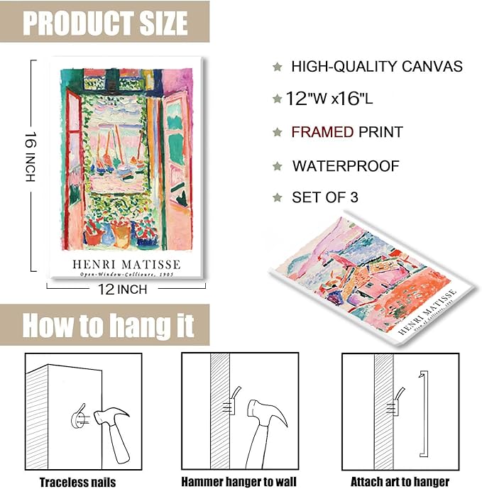 LYPHNX Framed Henri Mattise Canvas Wall Art Colorful Abstract Prints Poster Set of 3 Vintage Aesthetic Painting Picuter Floral Botanical Home Decor for LIving Room Bedroom Girls Room 12"x16"