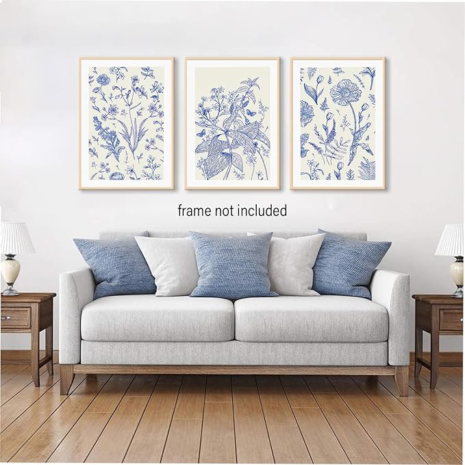 LYPHNX Blue White Chinoiserie Floral Poster Wall Art Navy Watercolor Flower Canva Painting Set of 3 Minimalist Botanical Wildflower Prints Picture Home Decor for Bedroom Living room 16"x24" UnFramed