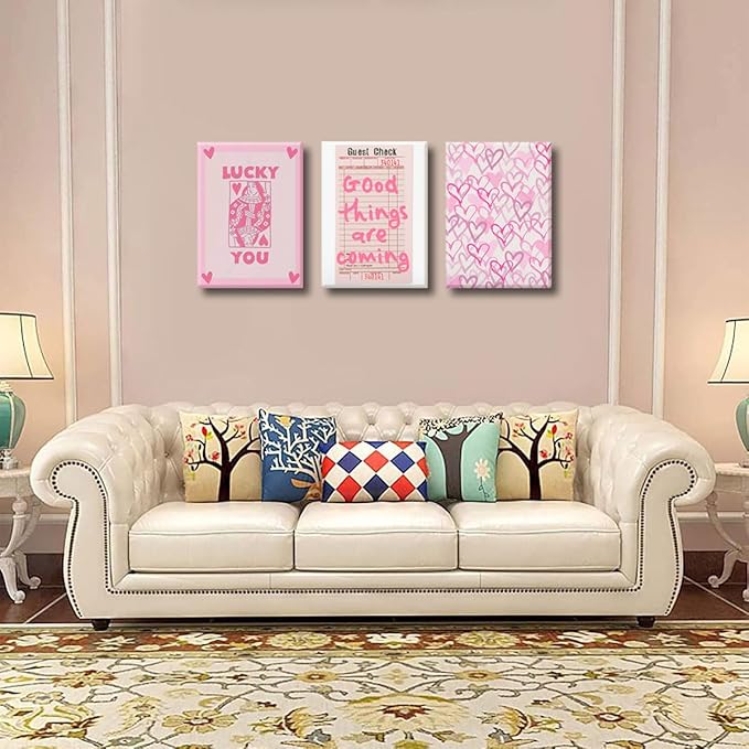 Djmwtb Trendy Preppy Canvas Wall Art Framed 3 Pcs Pink Lucky You Poster Prints Queen of Hearts Poker Aesthetic Pictures Retro Guest Check Decor Painting for Living Room Bedroom Bathroom 16"x24"x3
