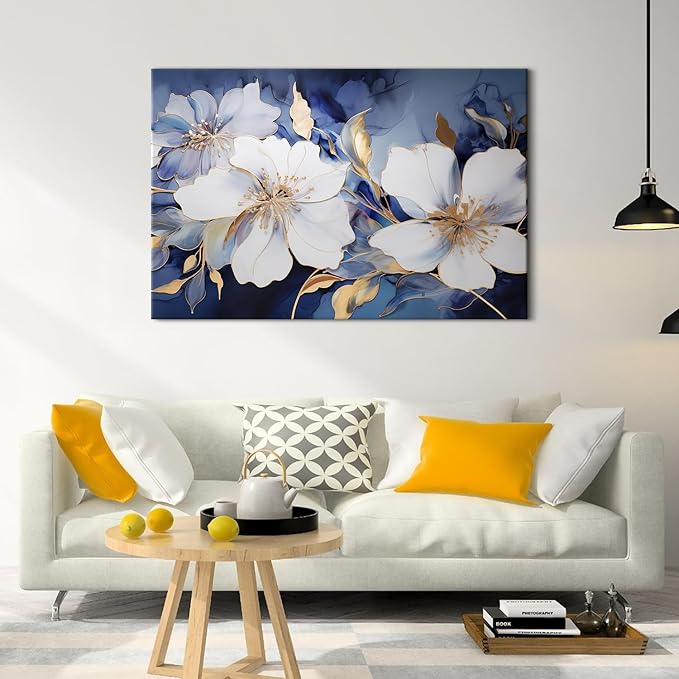 Abstract Floral Wall Art Marble Ink Painting Navy Blue and Gold Wall Decor Large Living Room Wall Art 32x48", Watercolor Blossom Floral Painting Poster Modern Frames Artwork Home Bedroom Decorations