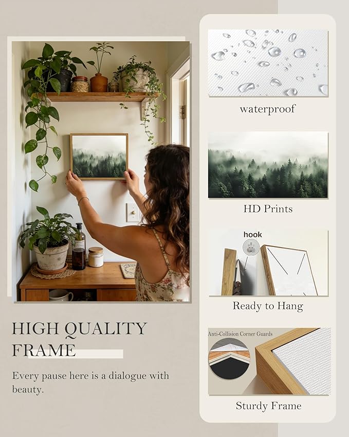 SHENIFY Green Fog Pine Tree Forest Vintage Framed Wall Art Modern Landscape Scenery Farmhouse Artwork Prints Decor for Kitchen Living Room Bedroom Bathroom - 8x10in Natural Framed