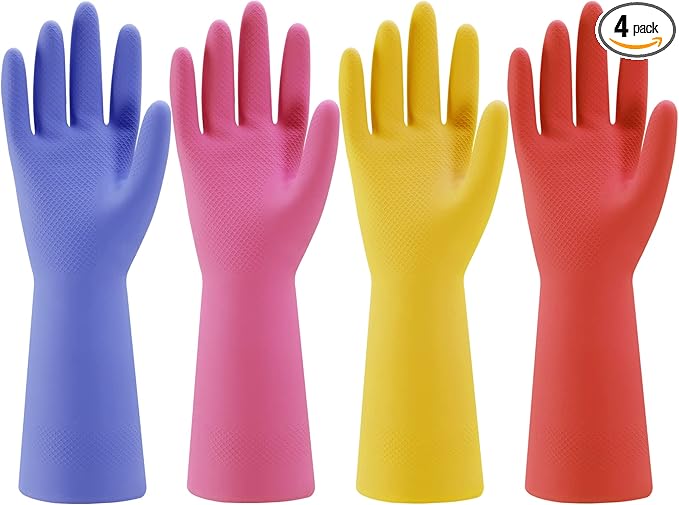 Bamllum Rubber Kitchen Dishwashing Gloves - 4 Pairs Colorful Reusable Household Cleaning Gloves for Washing Dishes and Cleaning Tasks, Flexible Long-lasting and Non-Slip (Small, Blue+Pink+Yellow+Red)