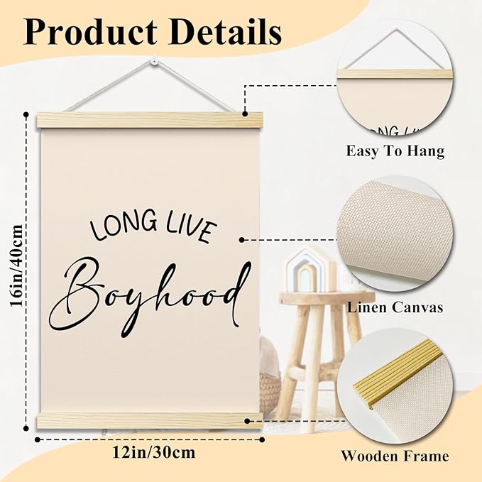 Long Live Boyhood Posters Hanger Frame for Boys Room Minimalist Hanging Poster for Bedroom Kids Room Classroom Decor Wall Art Decor for Nursery Playroom Canvas Wall Art Print 16x12 Inches - YY064