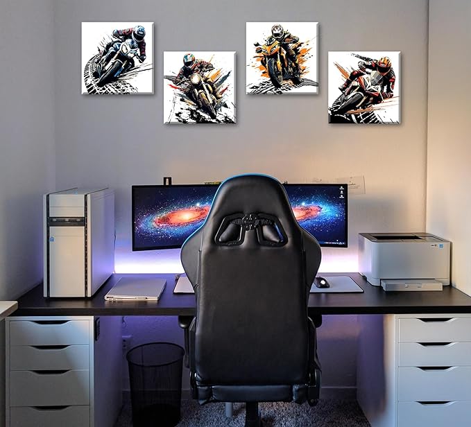 Motorcycle Wall Art Boys Room Decor Graffiti Motocross Posters Motorcycle Canvas Prints Pictures for Mens Cave Dirt Bike Lovers Bedroom Game Room Decoration Framed and Ready to Hang 12"×12" × 4 Pcs