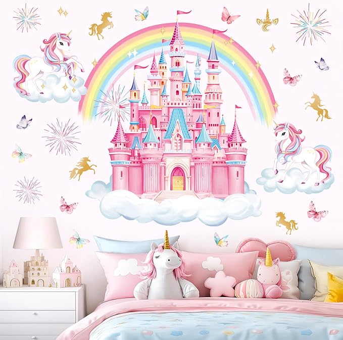 decalmile Rainbow Castle Wall Decals Unicorn Rainbow Butterfly Clouds Wall Stickers Girls Bedroom Baby Nursery Daycare Wall Decor