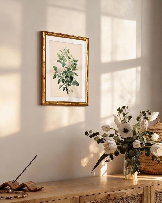 InSimSea Gold Bamboo Framed Canvas Wall Art, Vintage White Jasmine Botanical Prints, Antique Picture Frame with Mat, Victorian Home Wall Decor for Kitchen Dining Living Room Bedroom, 11x14inch