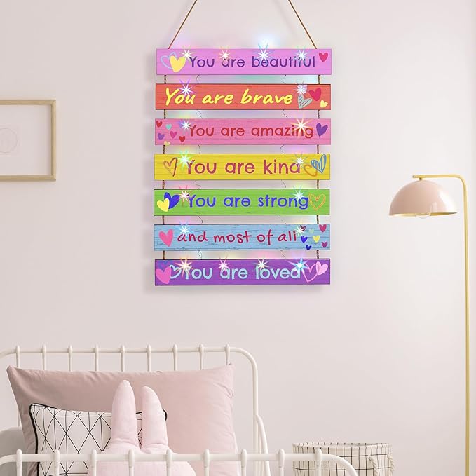 FIOBEE Girls Room Décor for Teen Girls Boys with LED Light Wall Decor for Bedroom Motivational Inspirational Wall Art Room Decoration for Kids Studyroom, 8 Kinds of Lights, Colorful Love