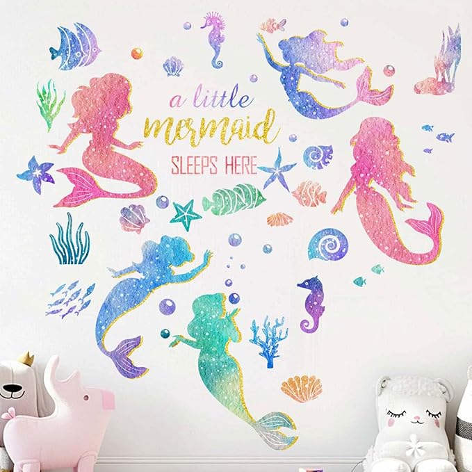 Baby Girls Mermaid Wall Decals - Under The Sea Marine Theme Wall Stickers - Nursery Kids Room Daycare A Little Mermaid Sleeps Here Wall Decor