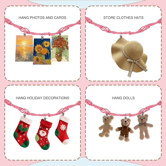 1/2 pcs 80" Cotton Hanging Storage Chain for Stuffed Animals Storage with 20 Metal Clips, Stuffed Animal Organizer Chain for Wall Corner Nursery Play Room, Pink