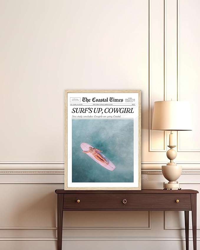 iHery Framed Coastal Trendy Cowgirl Wall Art Decor, Natural OAK Wood 12x16in Canvas Newspaper Retro Bedroom Wall Art,Surfer Up Vintage Bar Cart Home Decor For Dorm Living Room 1Pack