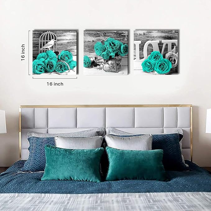 Turquoise Wall Art Teal Kitchen Wall Decor Black and Grey Rose Flower Pictures Bedroom Bathroom Accessories Floral Theme Canvas Prints Paintings Love Artwork Romantic Poster Home Decorations 16x16” 3P