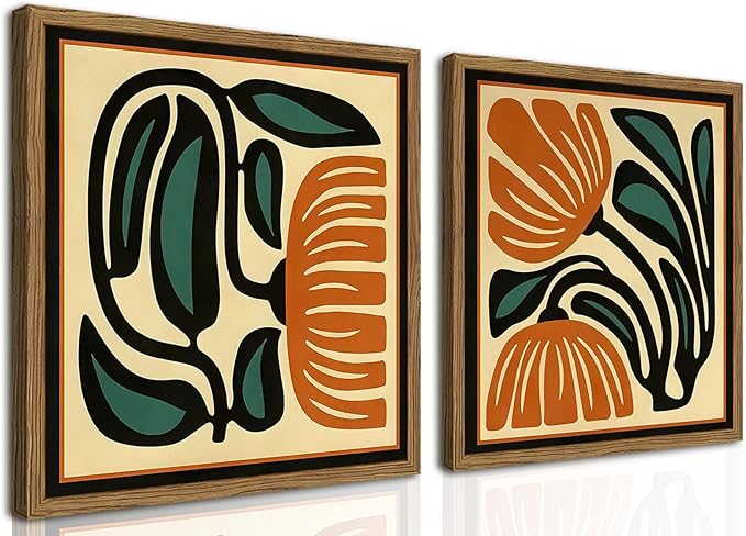 Mid Century Floral Wall Art Set of 2, Modern Square Abstract Botanical Wall Decor Picture, Vintage Boho Eclectic Plant Canvas Prints Paintings for Bedroom Living Room 24x24 inch Wood Framed