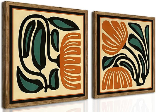 Mid Century Floral Wall Art Set of 2, Modern Square Abstract Botanical Wall Decor Picture, Vintage Boho Eclectic Plant Canvas Prints Paintings for Bedroom Living Room 24x24 inch Wood Framed