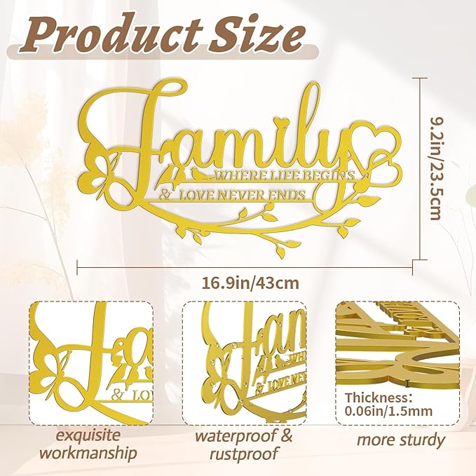Family Signs Metal Wall Art Home Decor, Golden Family Where Life Begins Love Never Ends Sign Modern Wrought Iron Hanging Door Plaque Words Letters Decoration for Living Room Photos Dining Room Bedroom Housewarming Christmas