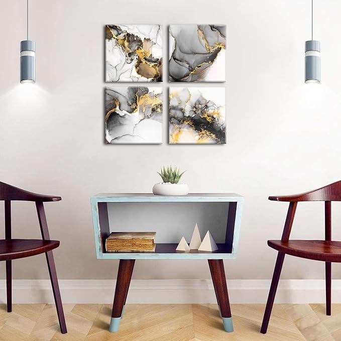 Framed Modern Abstract Black and Gold Canvas Wall Art Fluid Lines Marble Pictures Posters White Grey Minimalist Texture Painting for Living Room Bathroom Bedroom Office Home Decorations 16x16” 4 Pcs