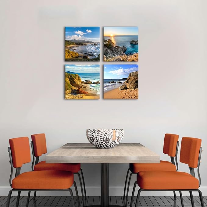 Oregon Coast Beach Wall Art Ocean Landscape Canvas Pictures Prints Coastal Wall Decor for Bathroom Living Room Kitchen Modern Home Decorations Nature Scenery Paintings Nautical Artwork 20x20” 4 Pcs