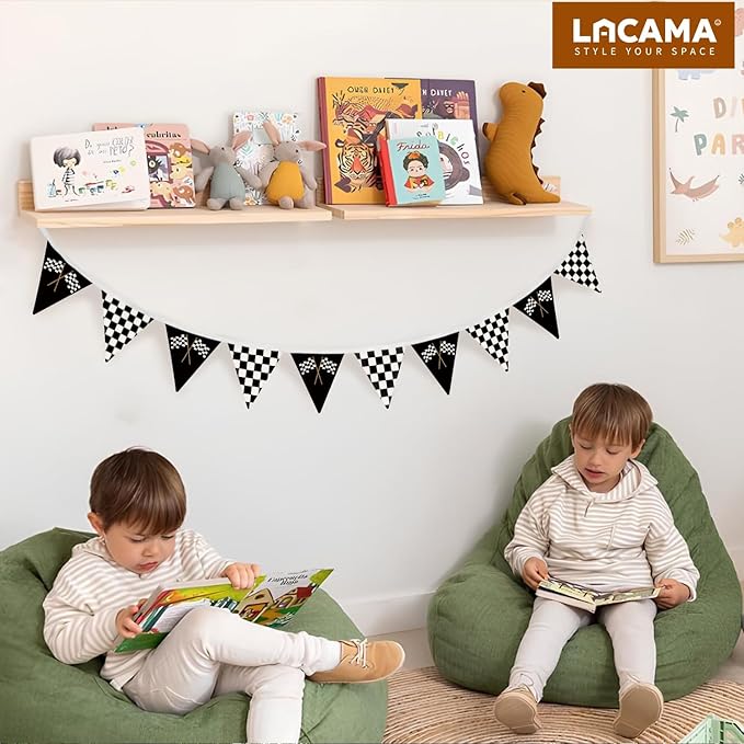 Lacama Car Room Decor,Boys Room Wall Art Decor for Toddler Nursery Playroom, Black and White Checkered Garland Triangle Banners,Racing Flags Bunting Flags Fabric for Baby Shower Birthday Party，Kidroom
