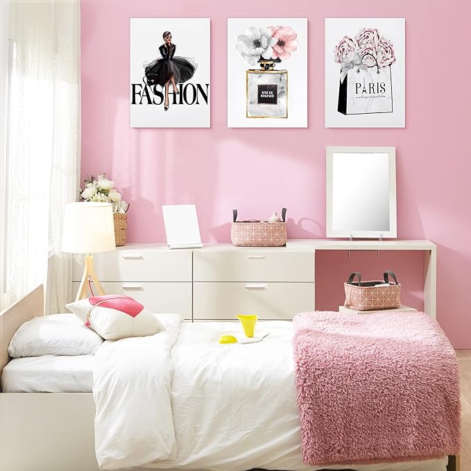 CoziTech Framed Fashion Women Canvas Wall Art for Girls Bedroom Decor, Flower Modern Pink Wall Art , Perfume Handbag Prints Wall Pictures Dorm Decor, Gift for Woman Gift for Girls. Set of 3. 12x16 in – (Ready to Hang)