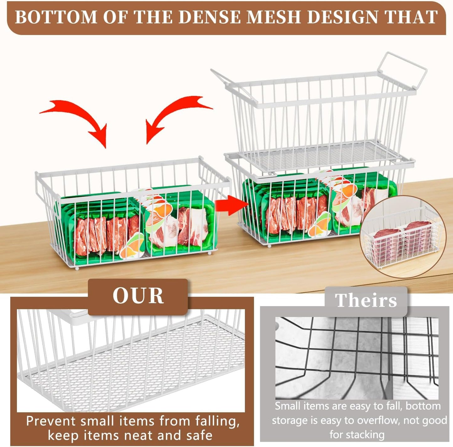 5 Pack Stackable Deep Freezer Organizer Bins ，Upgraded Bottom Leak-Proof net，Encryption and Hardening ， Freezer Organizer Bins for 5 to 7 Cu.FT Small Chest Freezer， Easy Get Bottom Foods