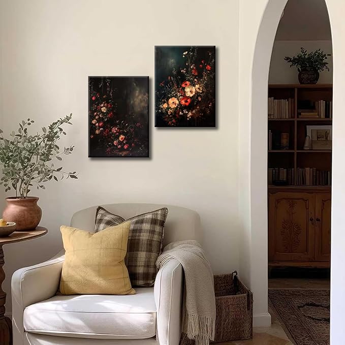 2Pcs Framed Canvas Prints Art Vintage Moody Floral, Classical Fall Wildflower Floral Painting, Rustic Dark Autumn Flower Wall Art for Living Room Bedroom Home Bathroom Wall Decor, 16x24in
