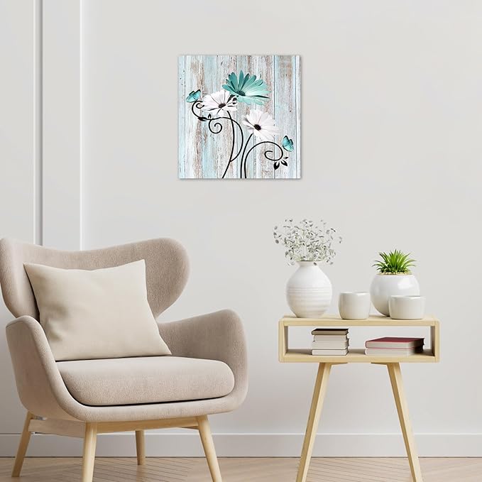 HVEST Floral Butterfly Wall Art for Living Room Teal Turquoise Bathroom Wall Decor, Rustic Farmhouse Daisy Framed Wall Art for Bedroom Kitchen Home Office, 12L x 12W Inches